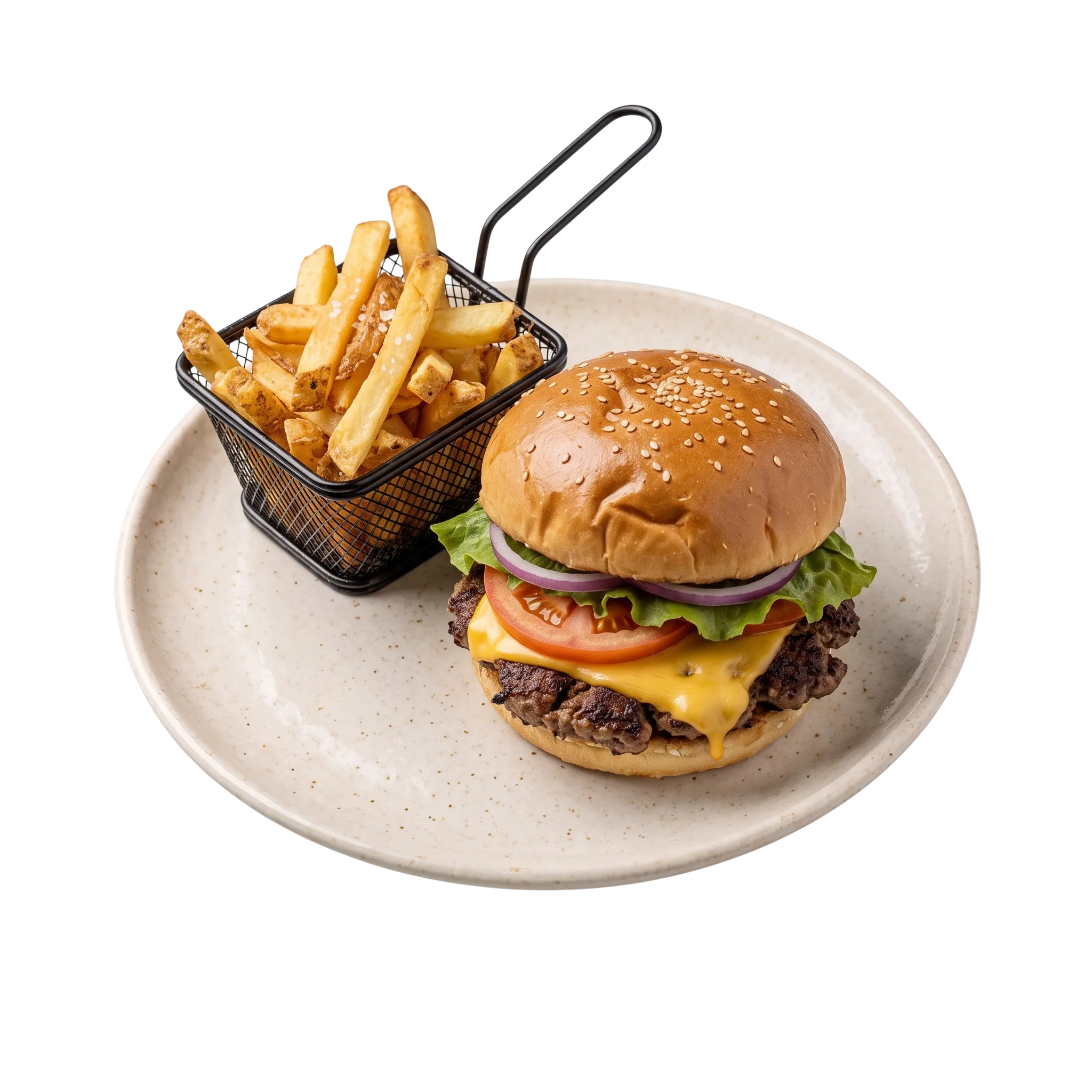 Hamburger, patates kızartması ile servis edilmiş